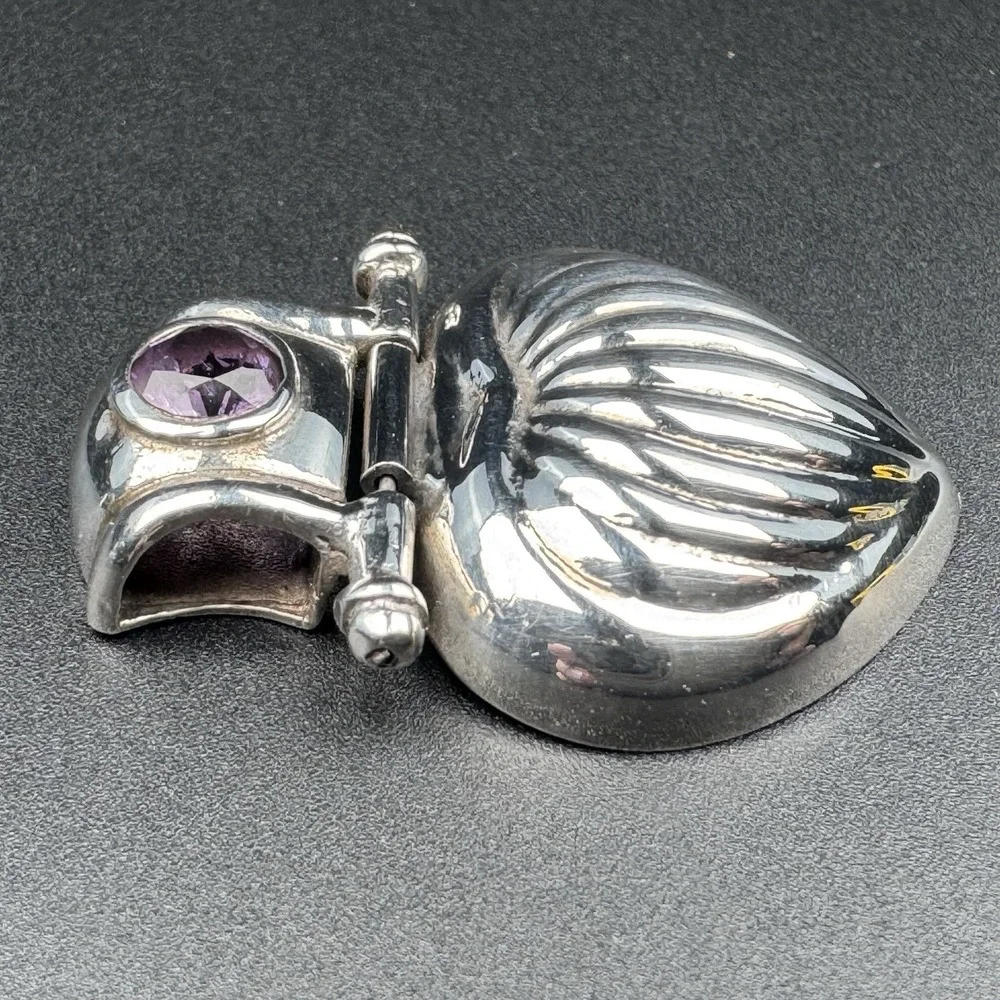 Italian 925 Sterling Silver Puffed Fluted Heart Hinge Pendant SU Amethyst